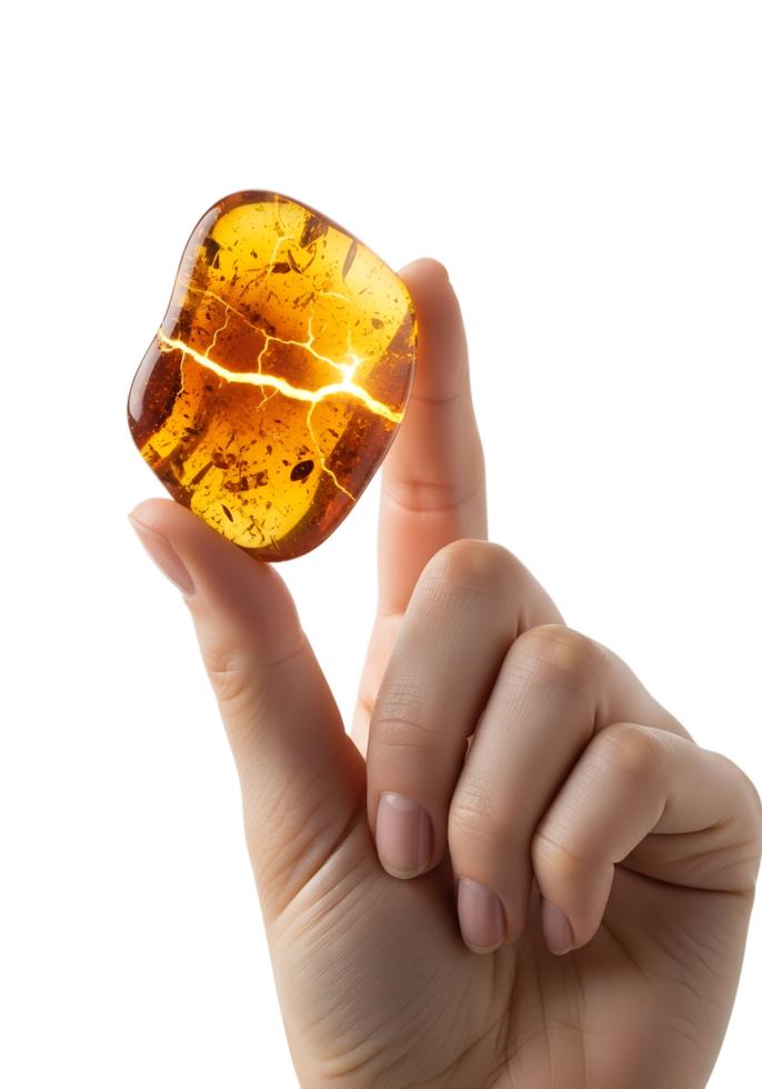 Hand holding polished piece of amber with natural inclusions, fossilized resin, transparent background, organic gemstone png