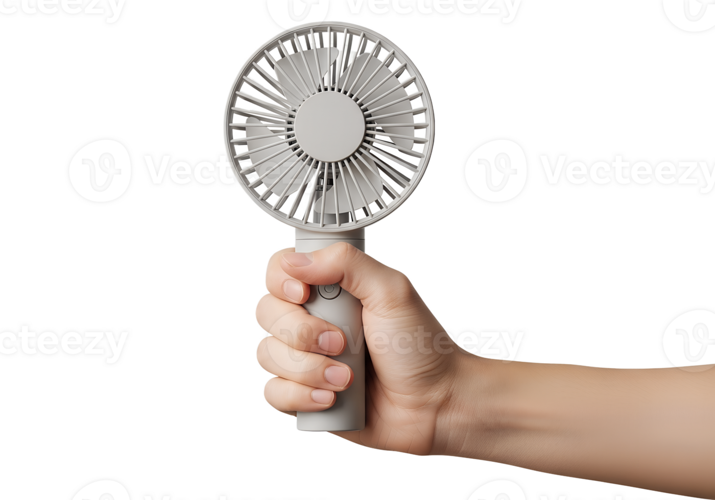 Hand holding gray handheld personal fan, portable cooling device, isolated on transparent background, summer gadget, breeze relief png