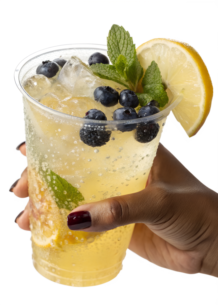 Refreshing blueberry lemonade cocktail in plastic cup isolated on transparent background, summer drink, fruity beverage, ice cubes png