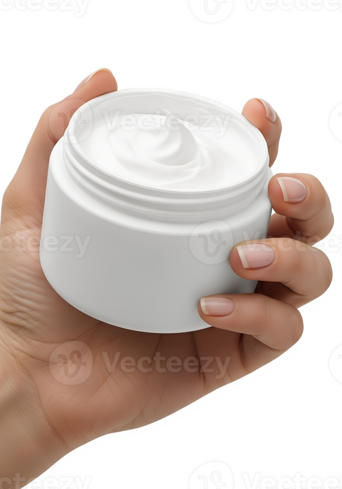 Hand holding jar of white skin care cream, beauty and moisturizing product, isolated on transparent background, cosmetic routine, hydration png