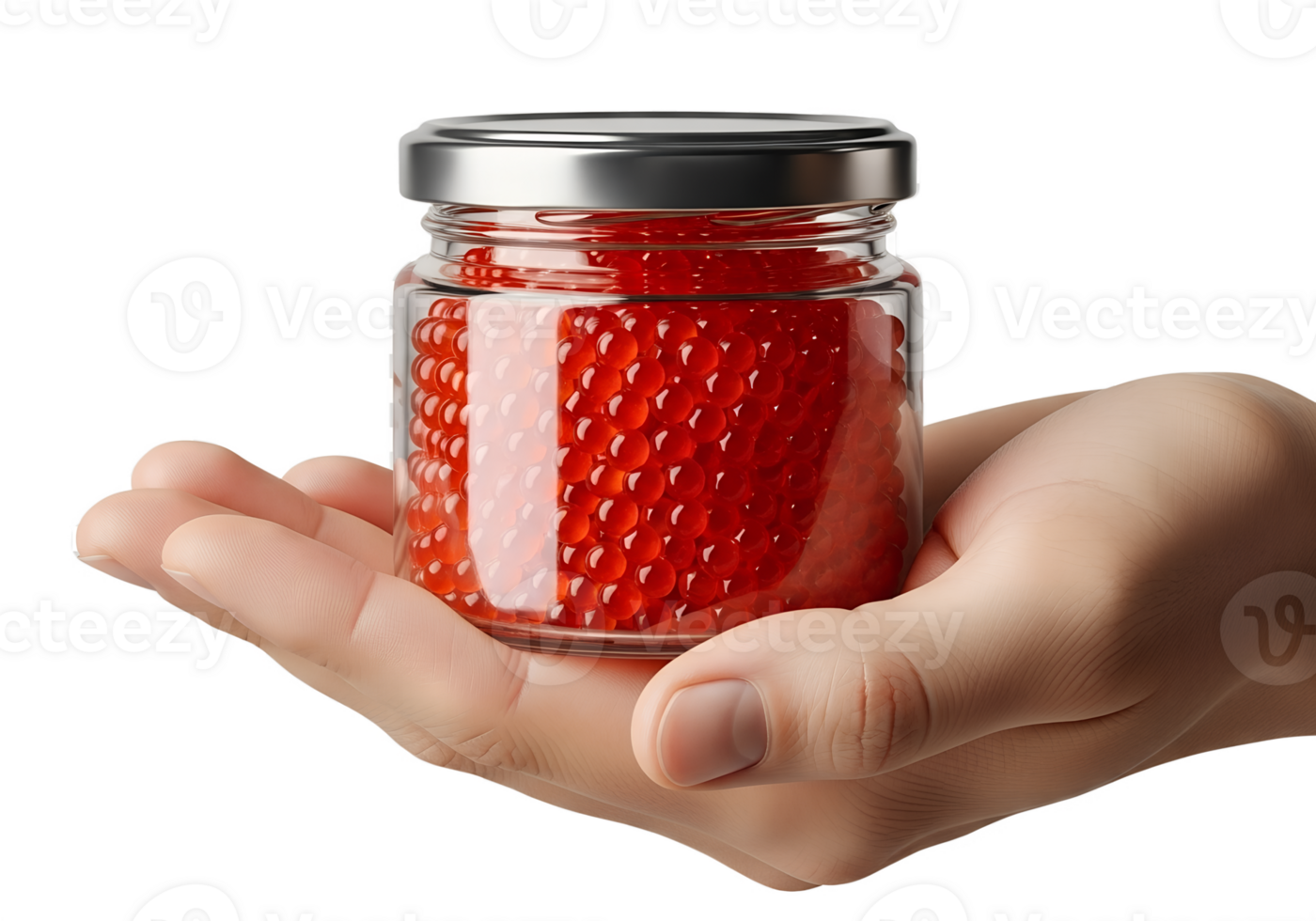 Hand holding glass jar filled with red caviar, gourmet delicacy, luxury food isolated on transparent background png