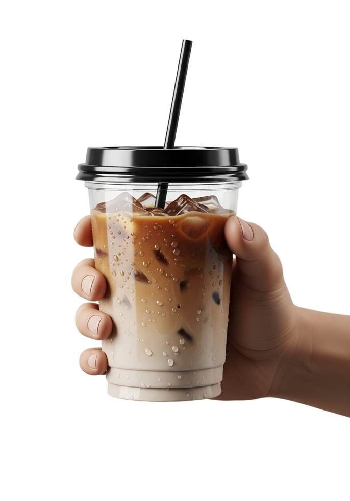 Hand holding refreshing iced coffee in plastic cup, isolated on transparent background, cold brew, summer drink png