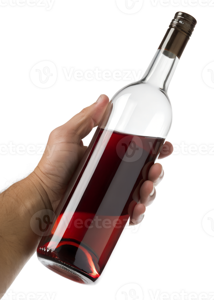 Hand holding wine bottle isolated on transparent background, alcoholic beverage, celebration drink png