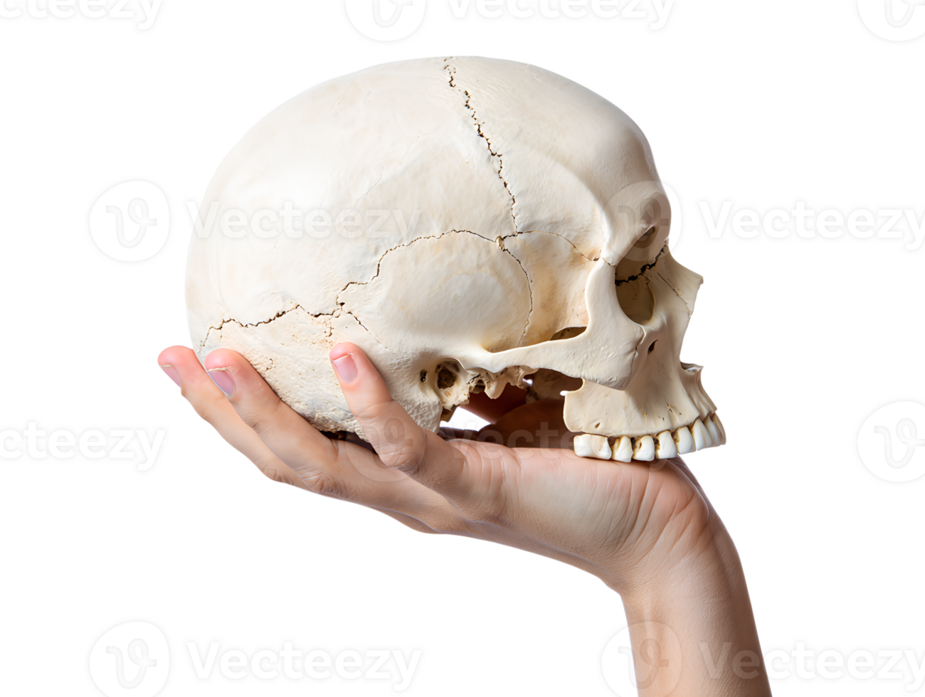Human skull held in hand, anatomical study model, isolated on transparent background, medical education, science and biology concept png