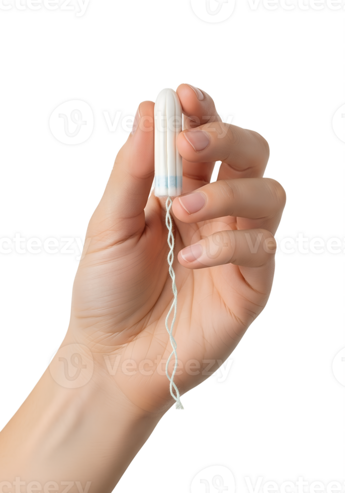 Hand holding tampon representing feminine hygiene and menstruation, isolated on transparent background, period care concept, women's health, sanitary product png