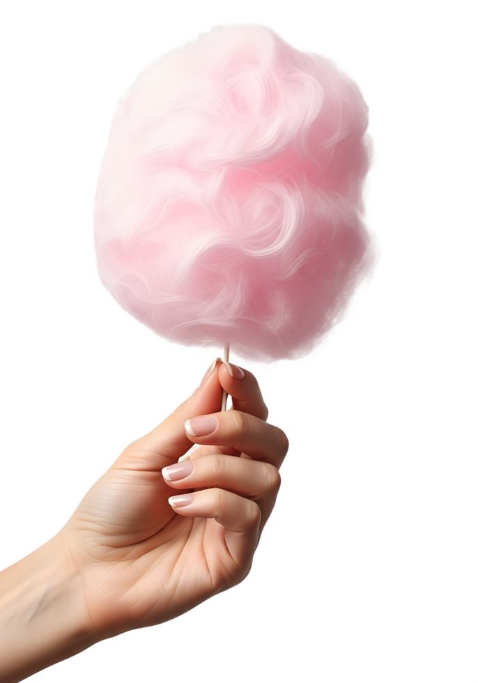 Hand holding fluffy pink cotton candy on stick, sweet treat isolated on transparent background, carnival food, sugary dessert, fairground snack png