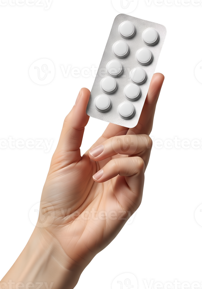 Hand holding blister pack of white pills, medication or supplement, isolated on transparent background, pharmacy, treatment, prescription drugs, healthcare png