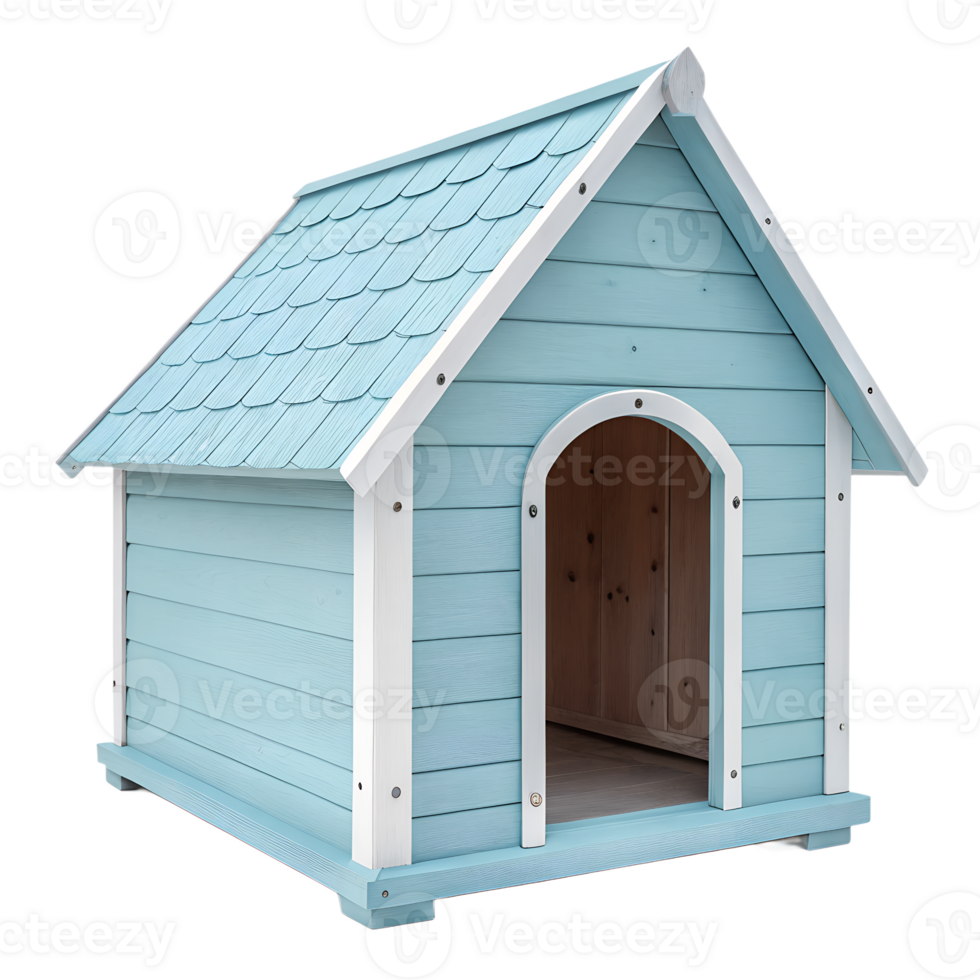 Cute blue dog house with white trim and tiled roof, isolated on transparent background, pet shelter design, playful animal home png