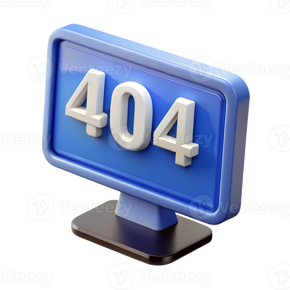 3d render of 404 error message on computer monitor isolated on transparent background, page not found, tech problem, digital error screen png