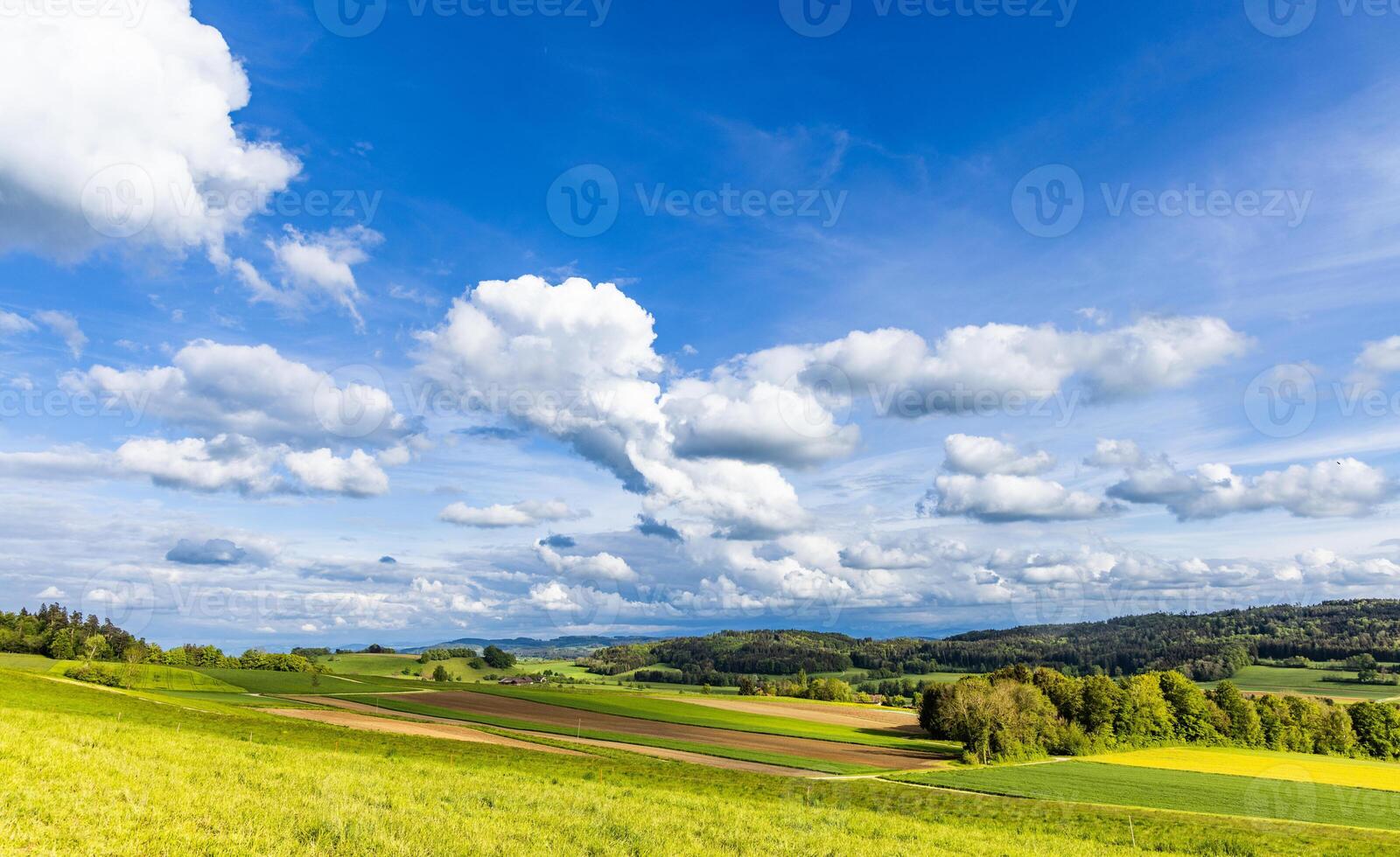 Valley with meadows, fields, forest and farms against a cloudy sky photo
