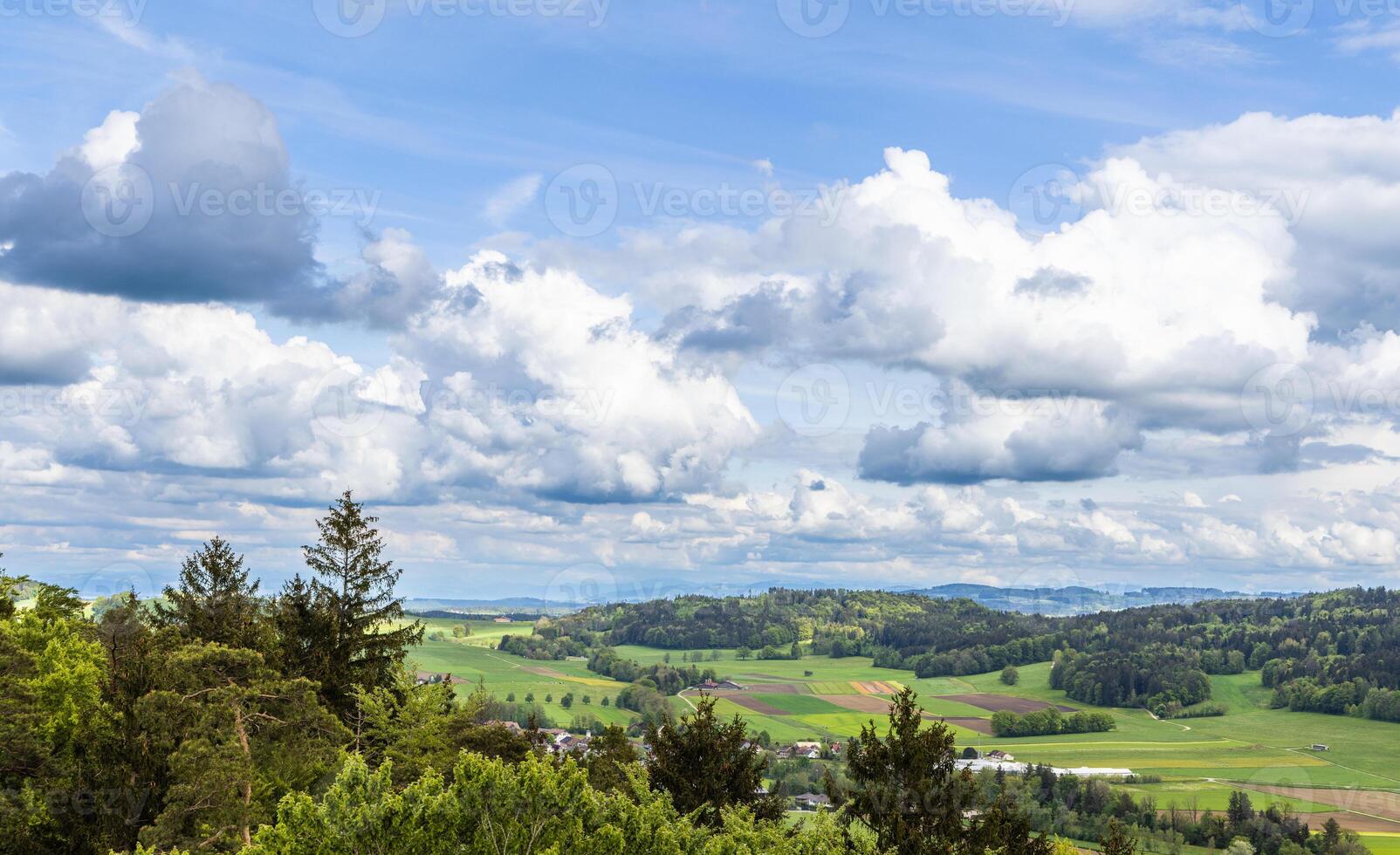 View of a forest, fields and village on the hills against a clouForest fields village on hills under cloud photo