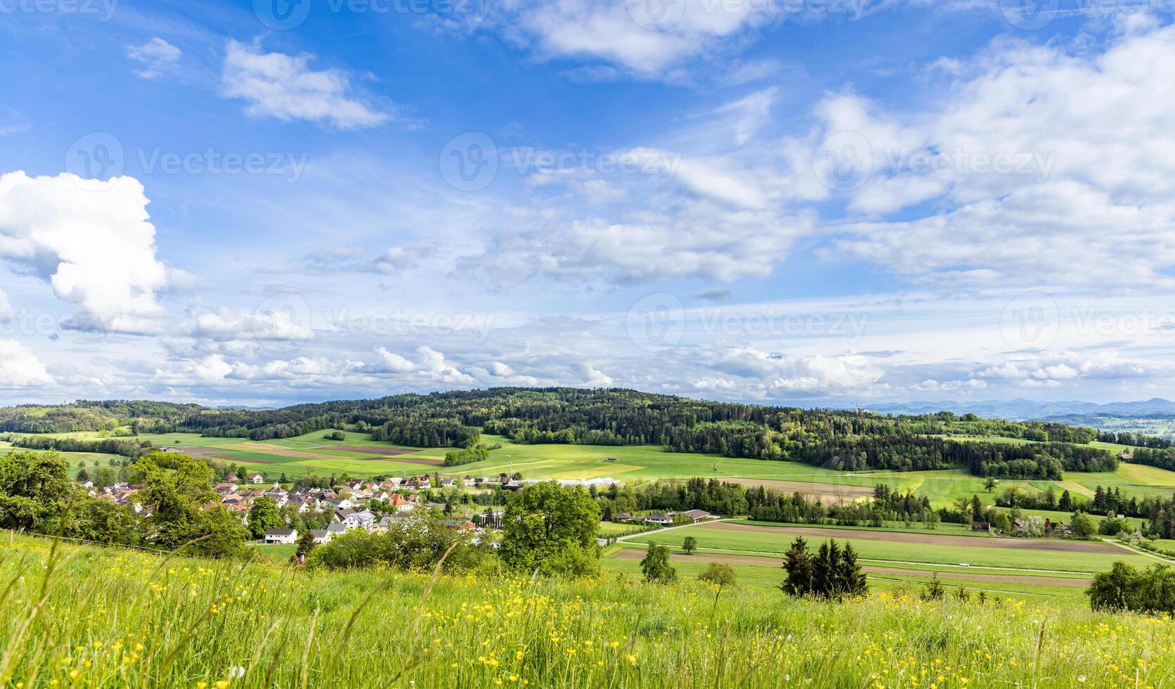 View of a forest, fields and village on the hills against a clouForest fields village on hills against cloud photo