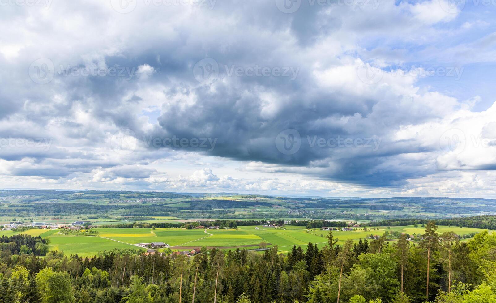 View of a forest, fields and village on the hills against a clouScenic view of forest fields village photo