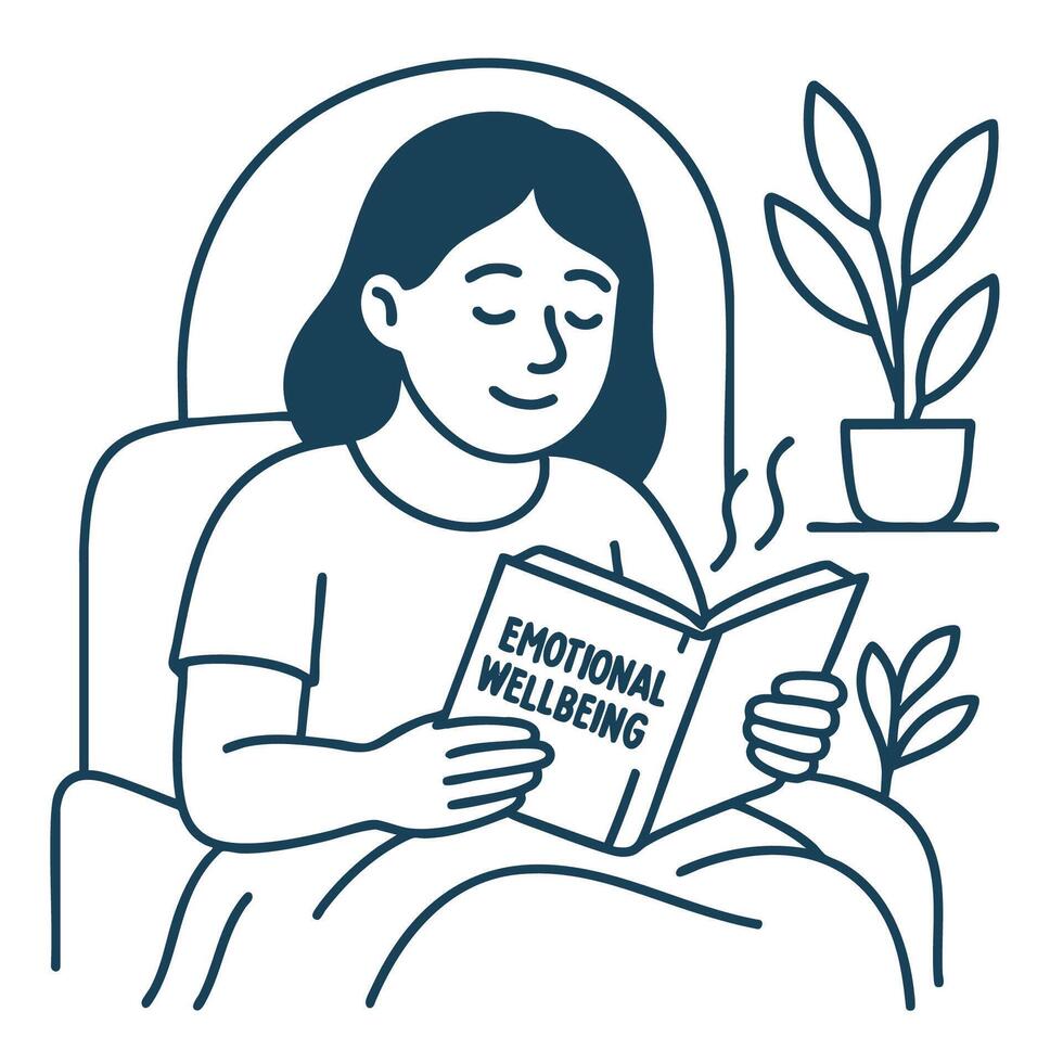 Female Character Reading Emotional Wellbeing Book on Cozy Chair in Line Art Style for Self-Care and Mental Health Education Illustration vector