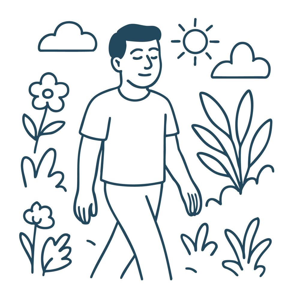 Walking in nature brings peace and joy, surrounded by flowers and sunshine vector