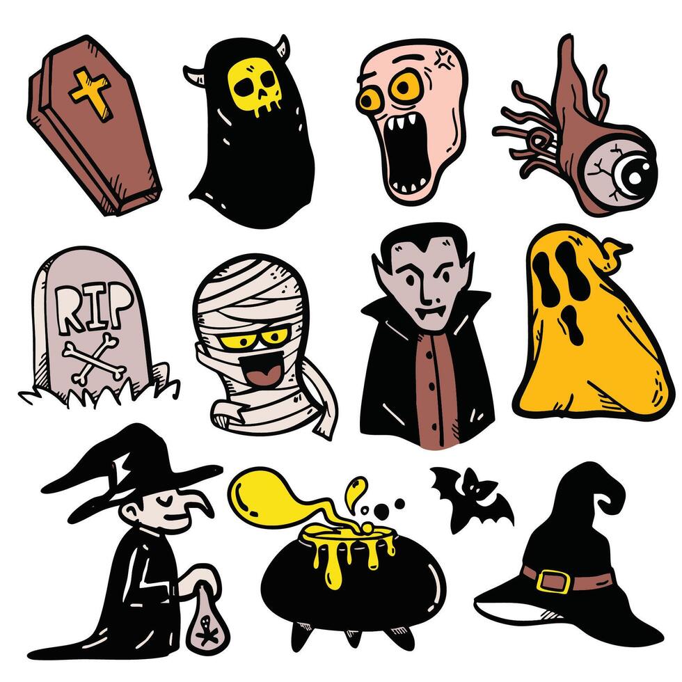 Creepy Halloween icons including ghosts, monsters, and spooky elements create atmosphere vector