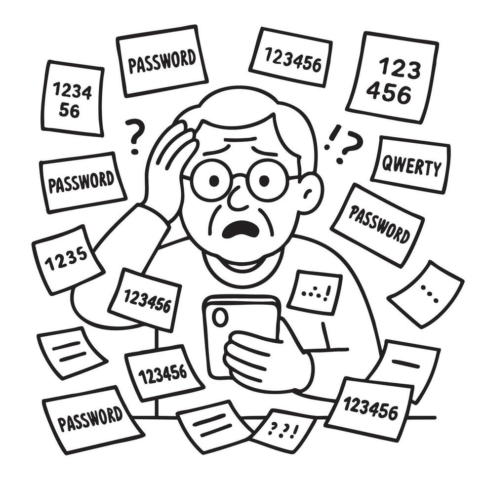 Frustrated person surrounded by notes with passwords and numbers, struggling to remember them vector