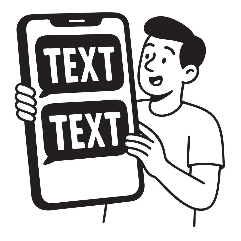 Coloring line art showcases person holding phone displaying text messages with joy vector