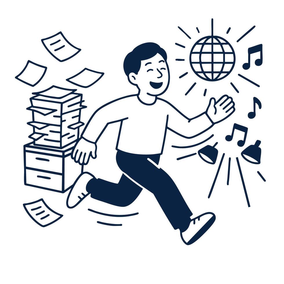 Running man with papers and music notes, showcasing lively atmosphere of creativity and fun vector