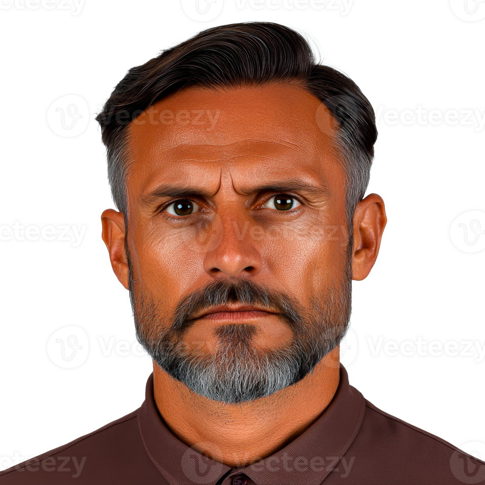 Stern middle aged businessman portrait looking at camera, cut out transparent png