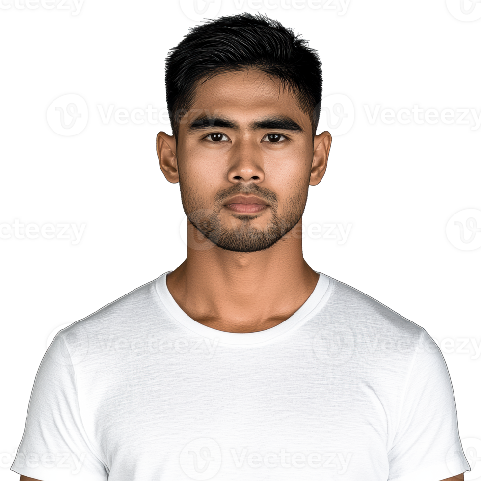 Handsome Arab man in white shirt, looking at camera, cut out transparent png