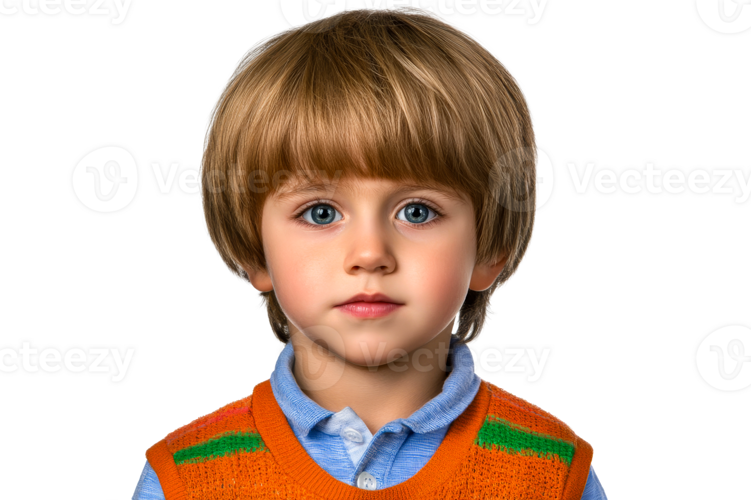 Boy portrait with blond hair and blue eyes, isolated, cut out transparent png