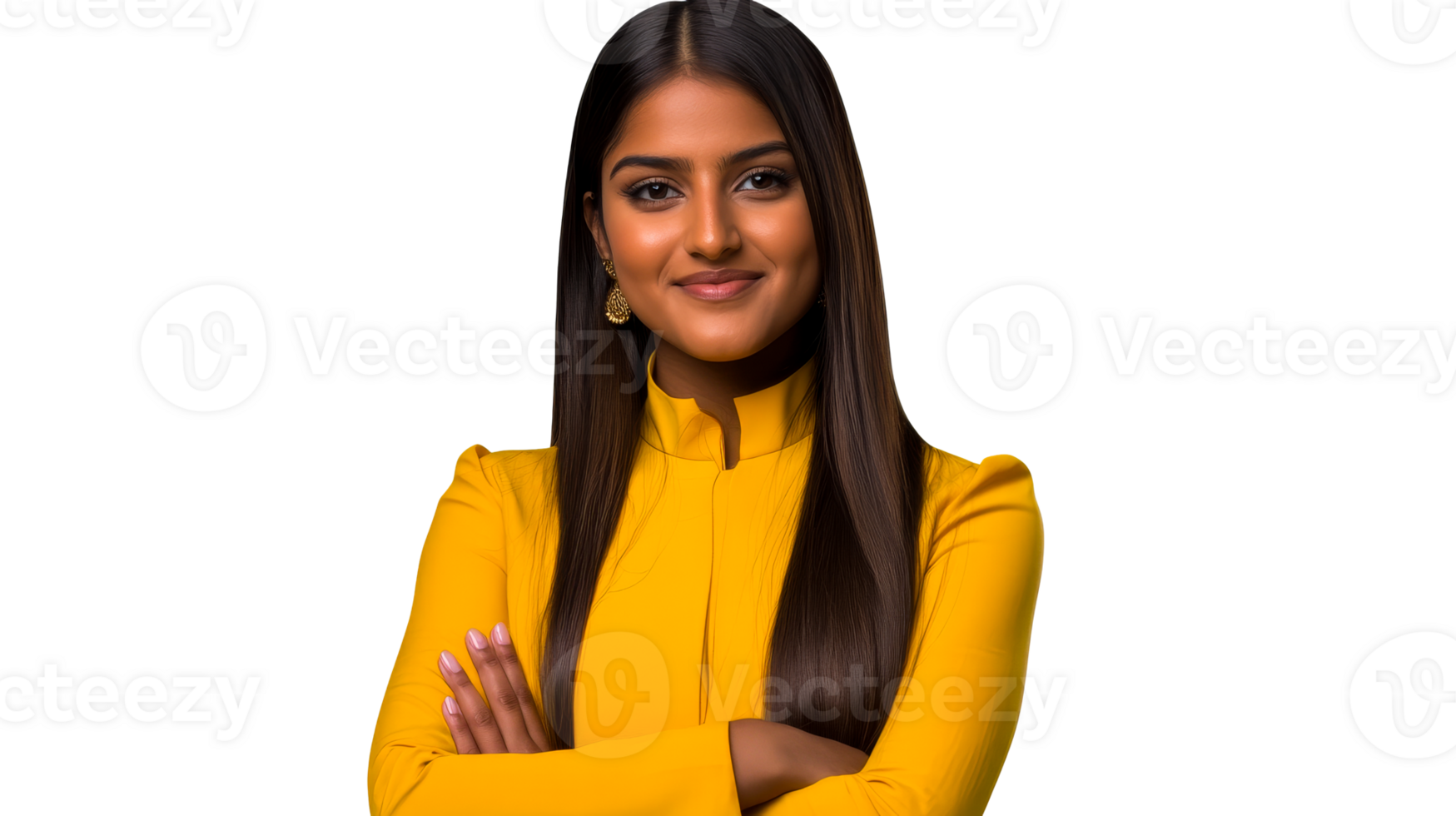 Attractive Indian woman with folded arms, smiling, cut out transparent png