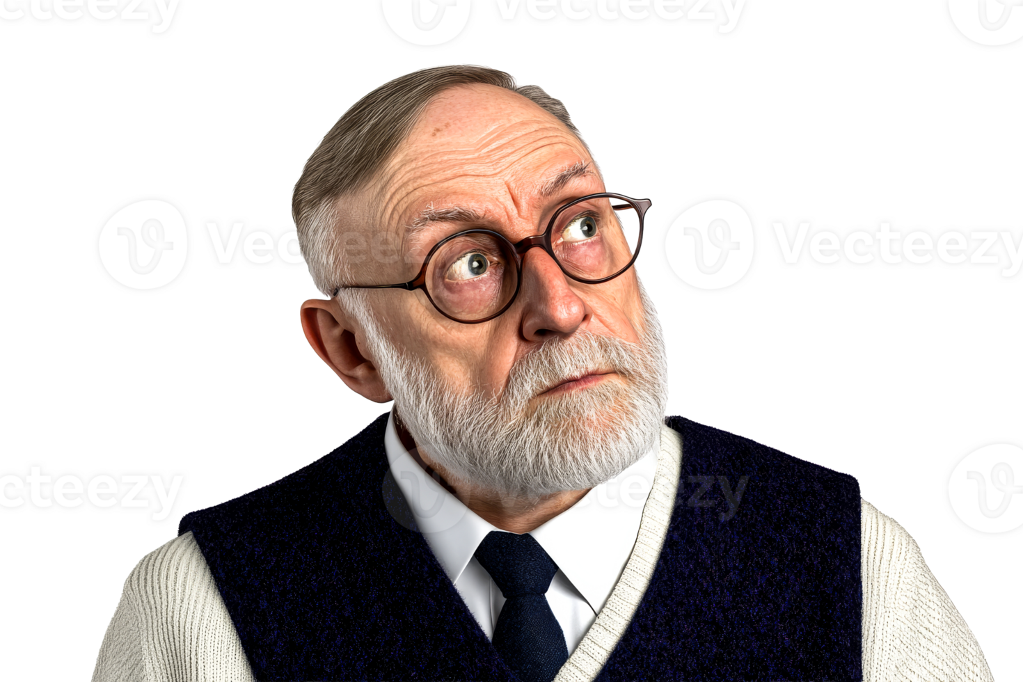 Thoughtful older adult looking up, wearing glasses, cut out transparent png