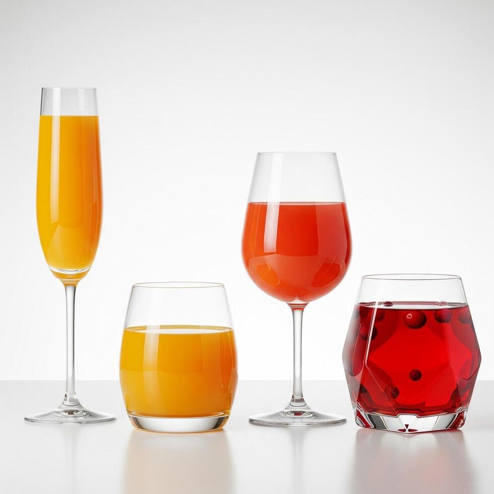 A group of four glasses with different colored drinks photo