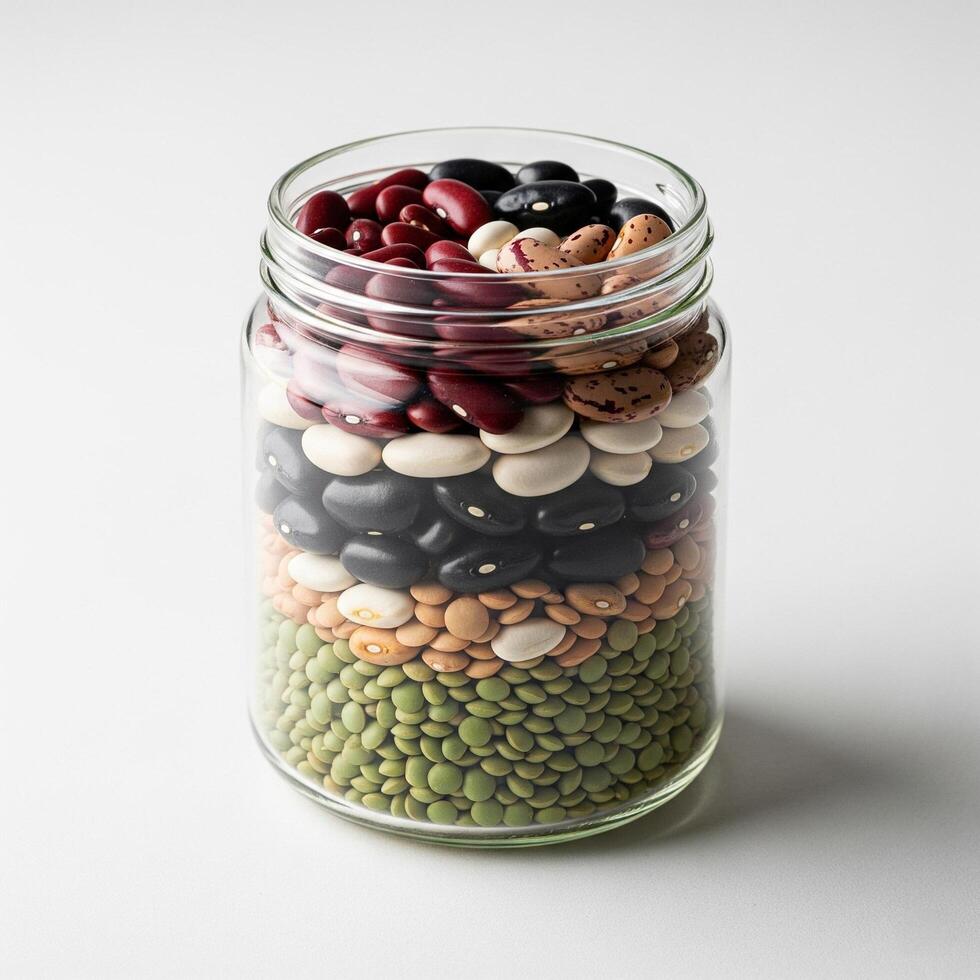 A jar filled with beans, peas, and lentils photo