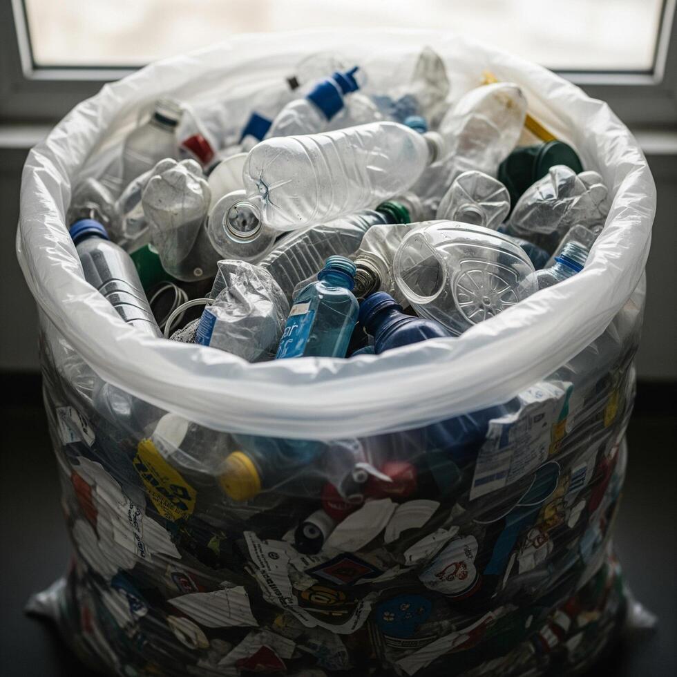 A plastic bag filled with plastic bottles photo