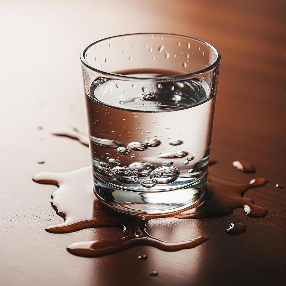 A glass of water with a drop of water on the table photo