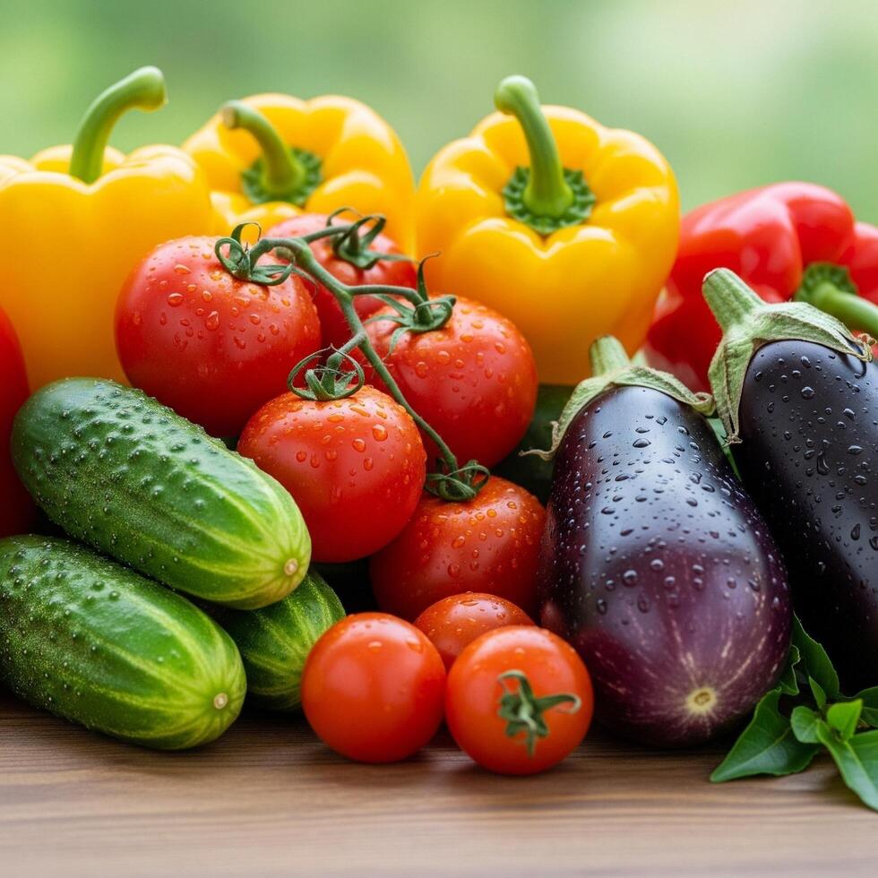 A variety of vegetables are sitting on a table photo