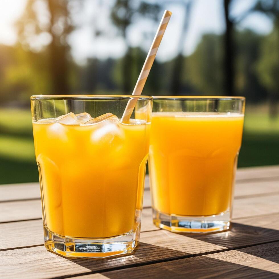 Two glasses of orange juice on a wooden table photo