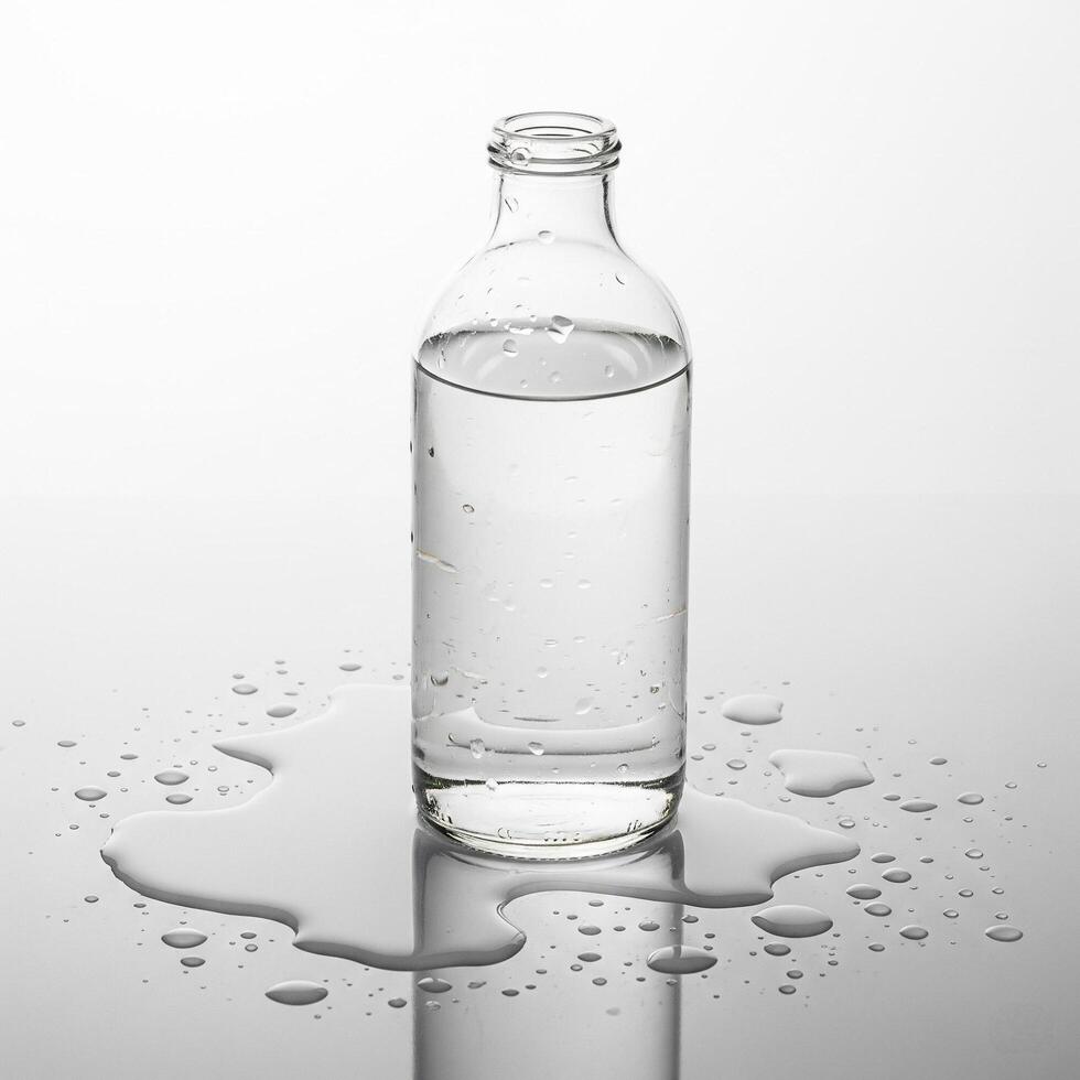 A bottle of water sitting on a table with water droplets photo
