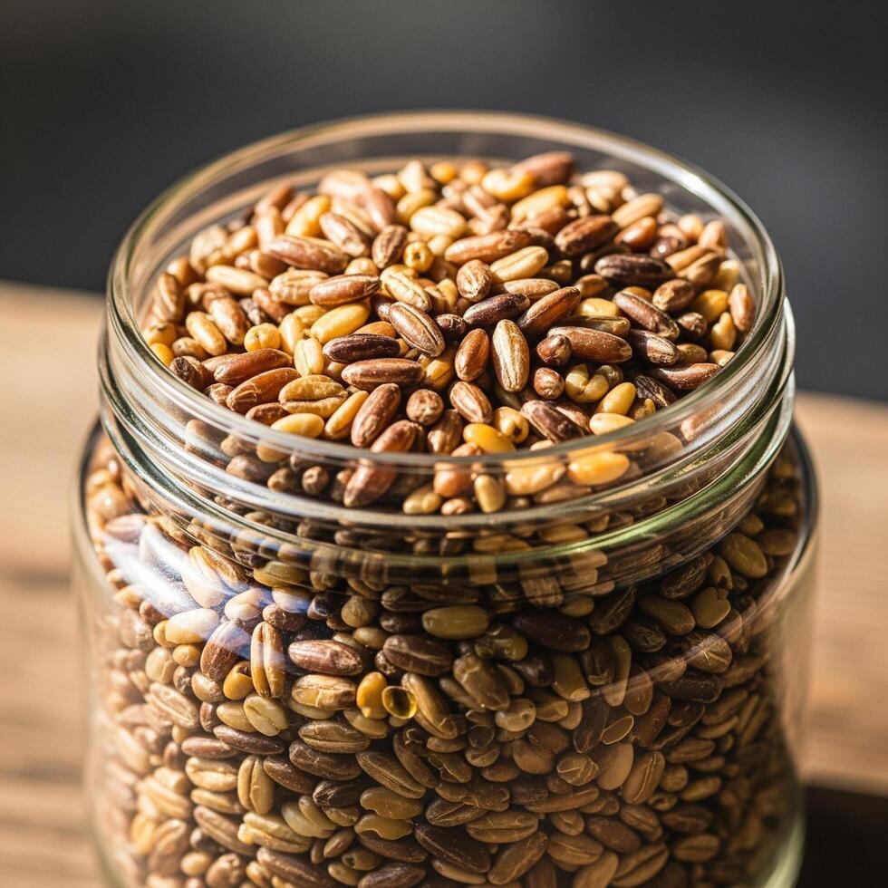 A glass jar filled with flax seeds on a wooden table photo