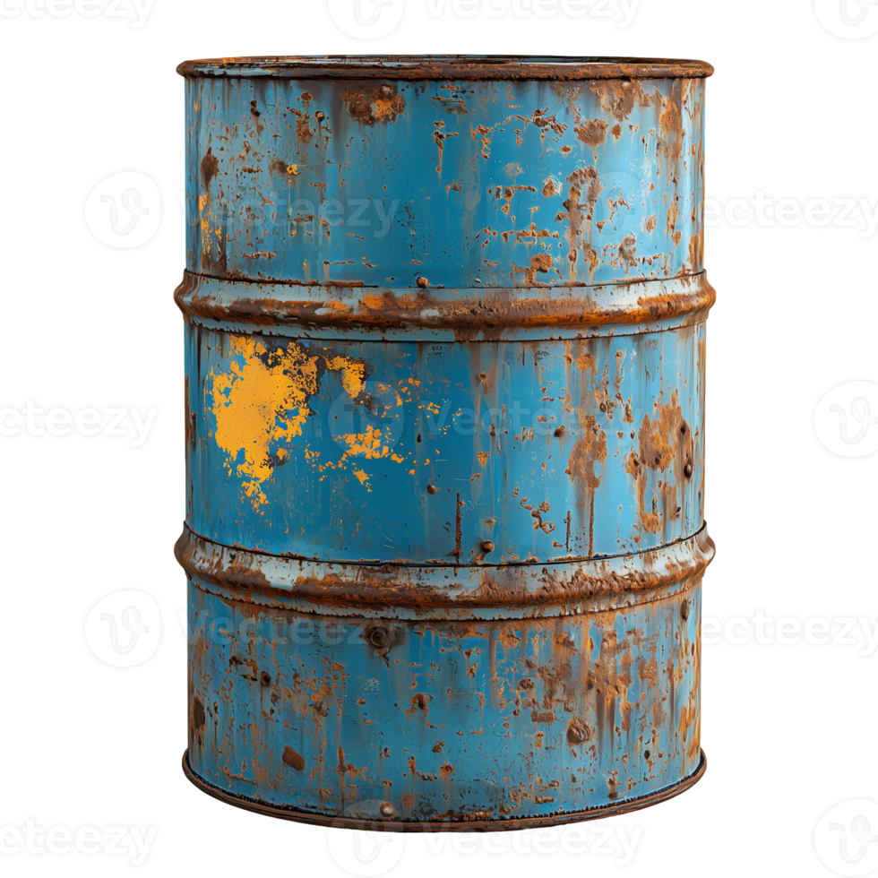 Rusty blue barrel container industrial metal aged weathered object isolated on transparent background png