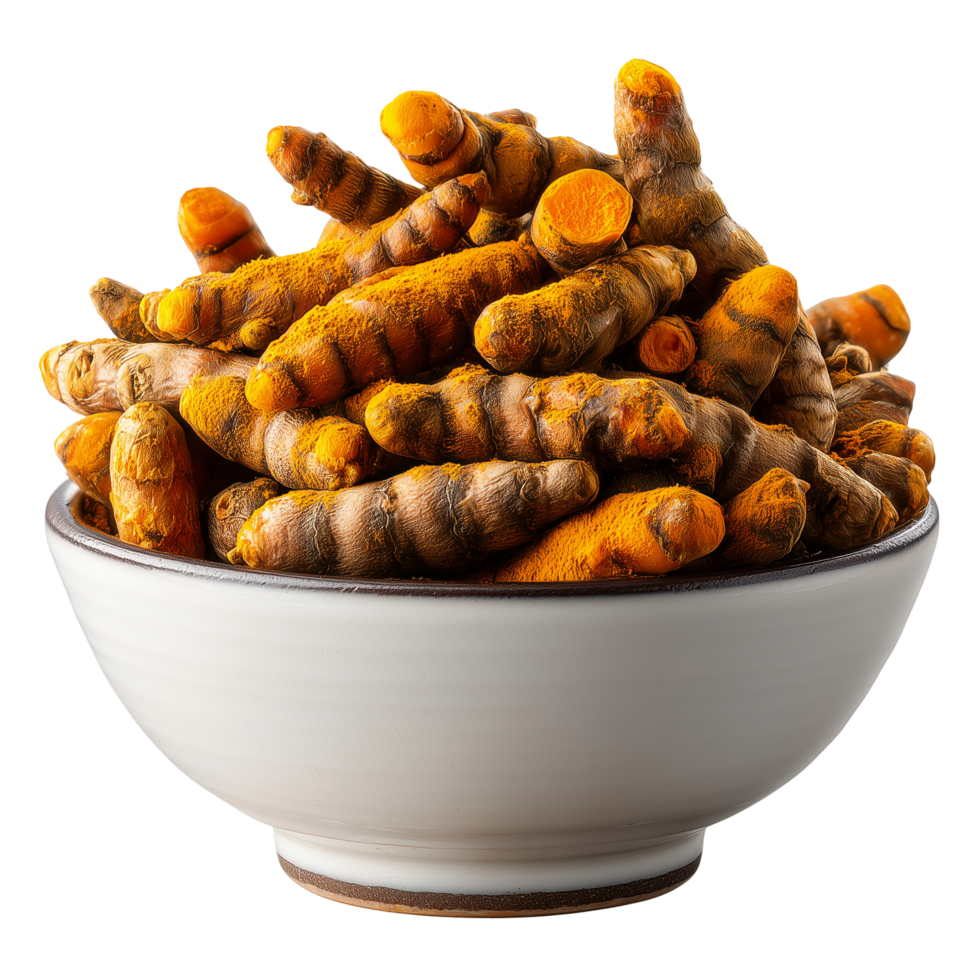 Fresh turmeric roots in a bowl organic spice and herbal remedy isolated on transparent background png