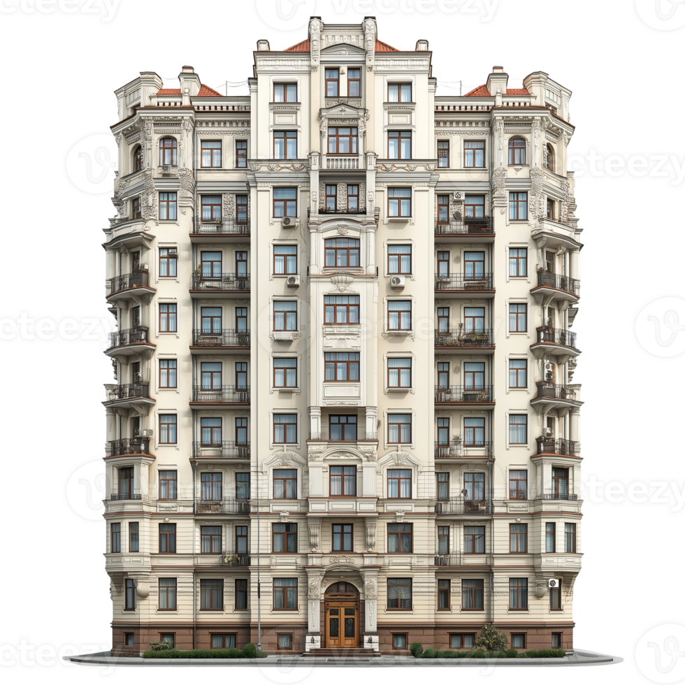 Facade of residential building architecture urban apartment structure isolated on transparent background png