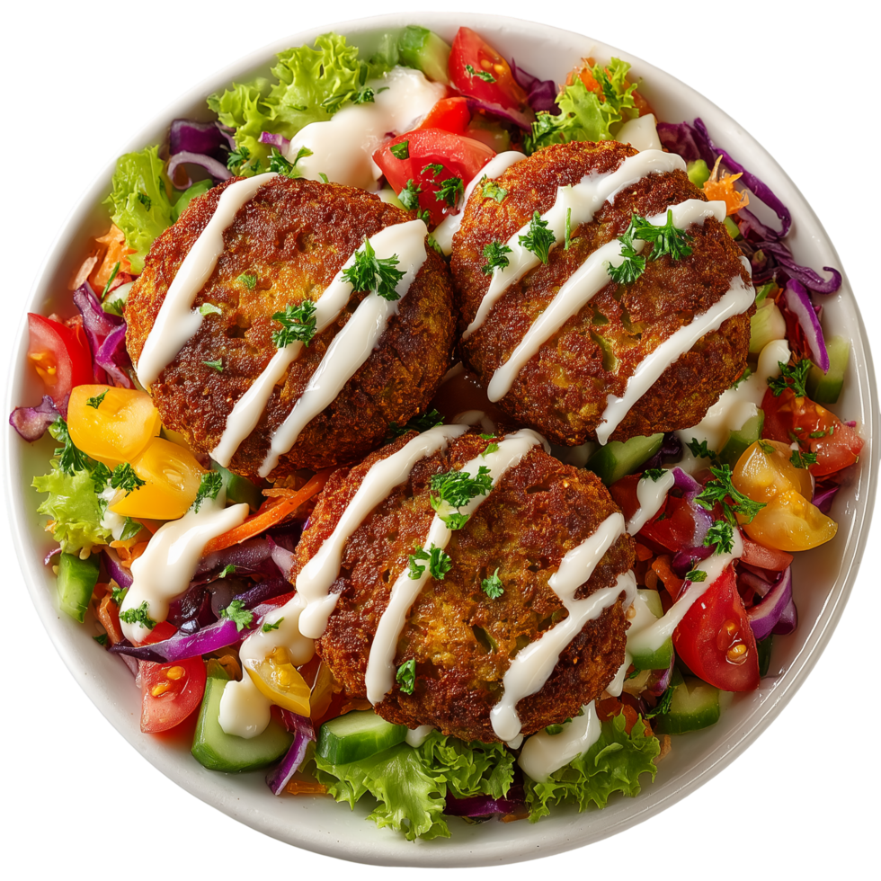 Delicious falafel salad plate with fresh vegetables and tahini sauce isolated on transparent background png