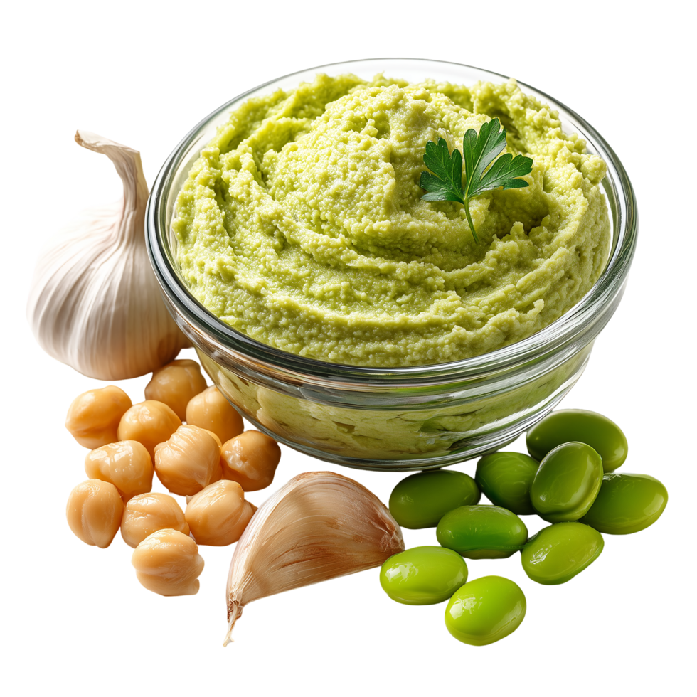 Delicious edamame hummus bowl recipe with fresh ingredients dish isolated on transparent background png
