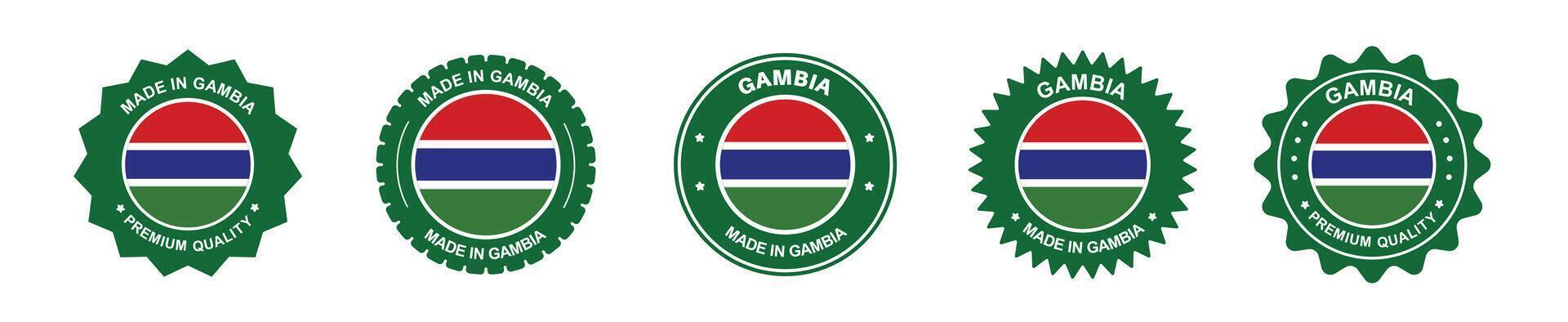 gambia product labels set. gambia flag, premium made in gambia . Labels, seals, stamps, flags, icons vector