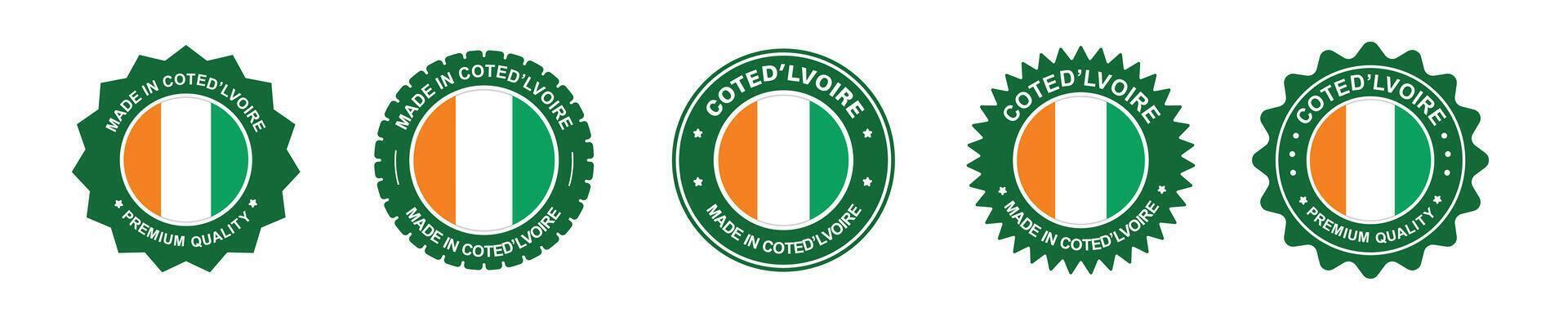 coted'lvoire product label set. coted'lvoire flag, premium made in coted'lvoire. Labels, seals, stamps, flags, icons. vector