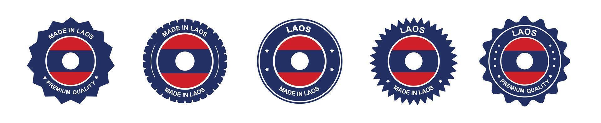 laos product label set. laos flag, premium made in laos . Labels, seals, stamps, flags, icons vector