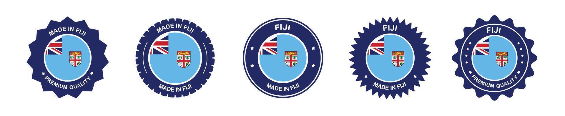 fiji product label set. Fiji flag, premium made in Fiji. Labels, seals, stamps, flags, icons vector