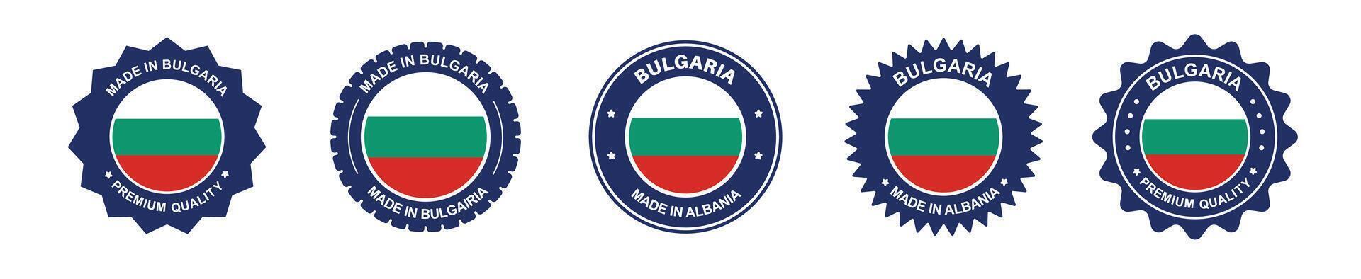Bulgarian product label set. Bulgarian flag, premium made in Bulgaria. Labels, seals, stamps, flags, icons vector
