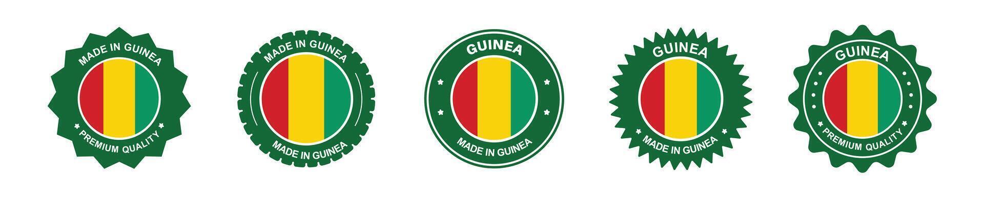 guinea product label set. guinea flag, premium made in guinea . Labels, seals, stamps, flags, icons vector