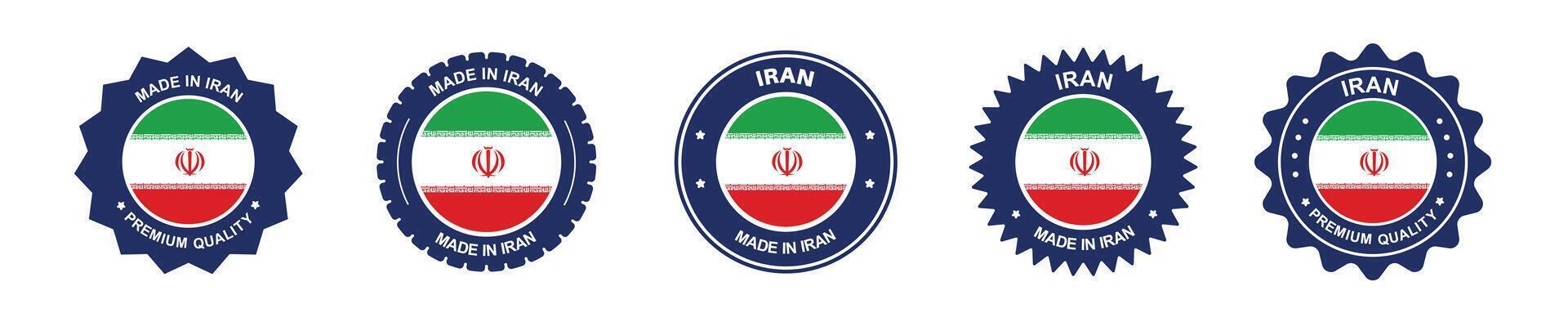 iran product label set.iran flag, premium made in iran . Labels, seals, stamps, flags, icons vector