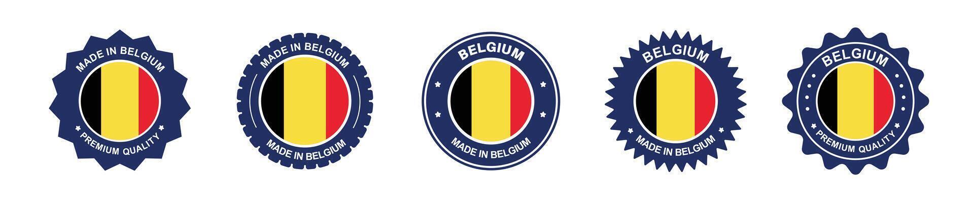 Belgium product label set. Belgium flag, premium made in Belgium. Labels, seals, stamps, flags, icons vector