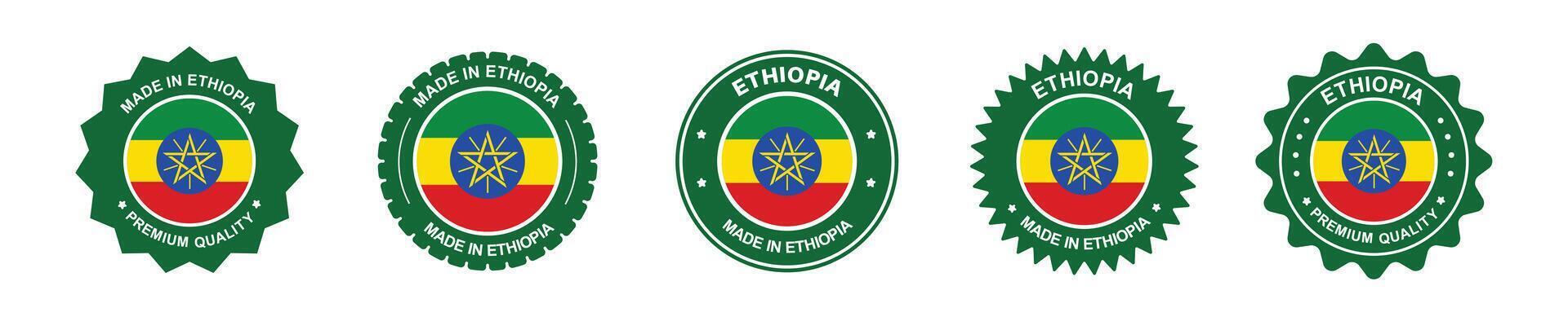 ethiopia product label set. ethiopia flag, premium made in ethiopia . Labels, seals, stamps, flags, icons vector